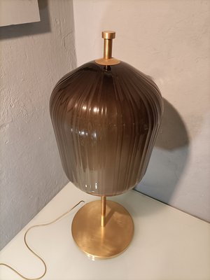 Large Satin Brass & Ribbed Milky Glass Floor Lamp-OHK-1220233