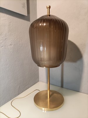 Large Satin Brass & Ribbed Milky Glass Floor Lamp-OHK-1220233