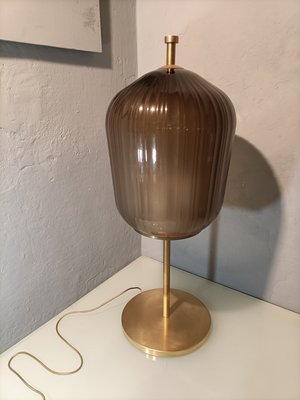 Large Satin Brass & Ribbed Milky Glass Floor Lamp-OHK-1220233