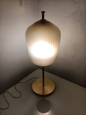 Large Satin Brass & Ribbed Milky Glass Floor Lamp-OHK-1220233