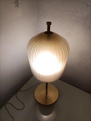 Large Satin Brass & Ribbed Milky Glass Floor Lamp-OHK-1220233