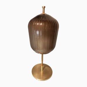 Large Satin Brass & Ribbed Milky Glass Floor Lamp-OHK-1220233