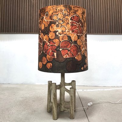 Large Sculptural Ceramic Table Lamp with Batik Shade, 1960s-JP-698797