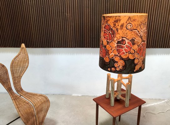 Large Sculptural Ceramic Table Lamp with Batik Shade, 1960s-JP-698797