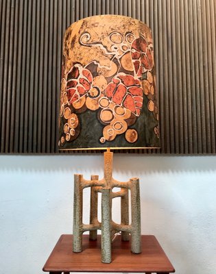 Large Sculptural Ceramic Table Lamp with Batik Shade, 1960s-JP-698797