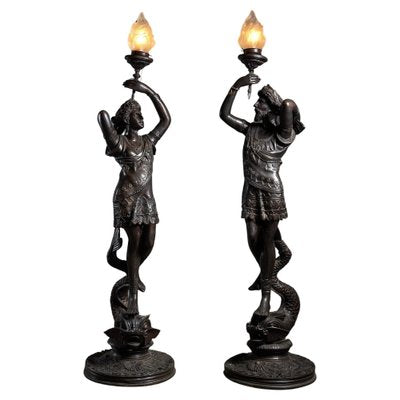 Large Sculptural Male and Female Lamps in Bronze, 1920s, Set of 2-POG-1802630