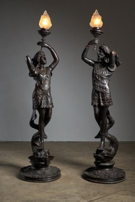 Large Sculptural Male and Female Lamps in Bronze, 1920s, Set of 2-POG-1802630