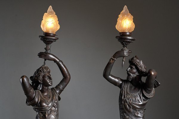 Large Sculptural Male and Female Lamps in Bronze, 1920s, Set of 2-POG-1802630