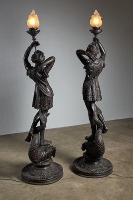 Large Sculptural Male and Female Lamps in Bronze, 1920s, Set of 2-POG-1802630