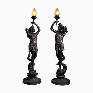 Large Sculptural Male and Female Lamps in Bronze, 1920s, Set of 2-POG-1802630