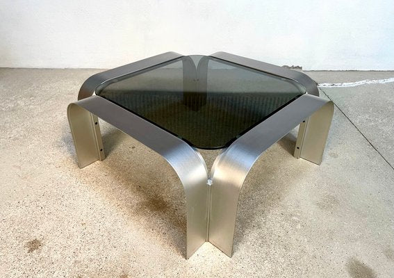 Large Sculptural Square-Shaped Aluminium & Smoked Glass Low Coffee Table, Germany, 1960s-JP-1383493