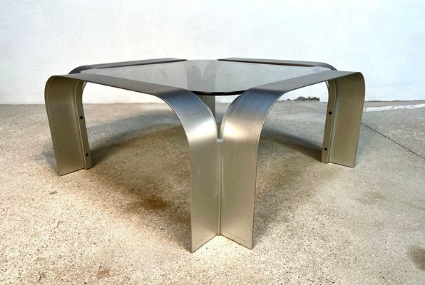 Large Sculptural Square-Shaped Aluminium & Smoked Glass Low Coffee Table, Germany, 1960s-JP-1383493