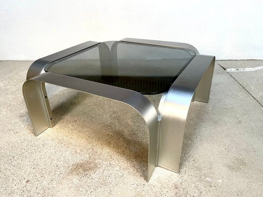 Large Sculptural Square-Shaped Aluminium & Smoked Glass Low Coffee Table, Germany, 1960s-JP-1383493