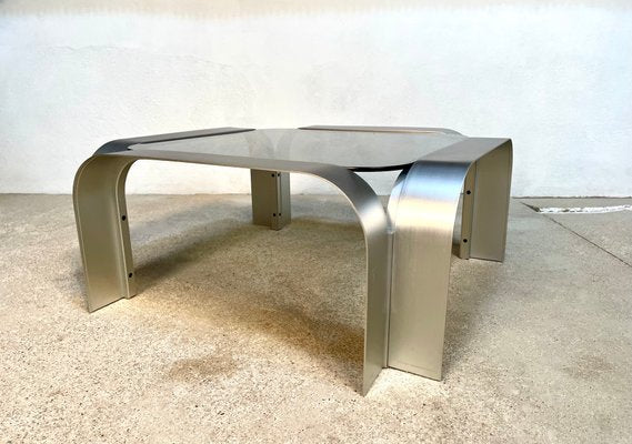 Large Sculptural Square-Shaped Aluminium & Smoked Glass Low Coffee Table, Germany, 1960s-JP-1383493