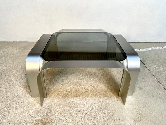 Large Sculptural Square-Shaped Aluminium & Smoked Glass Low Coffee Table, Germany, 1960s-JP-1383493