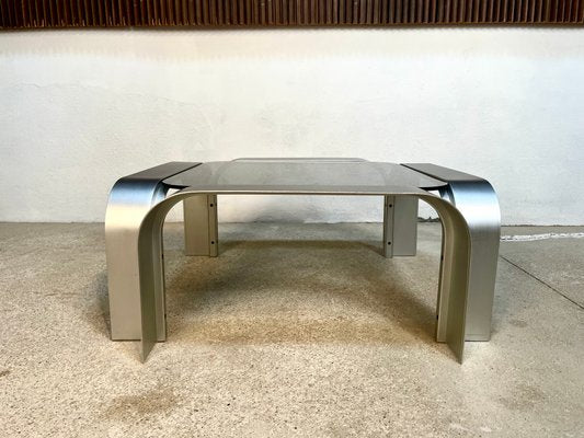 Large Sculptural Square-Shaped Aluminium & Smoked Glass Low Coffee Table, Germany, 1960s-JP-1383493