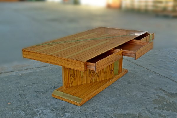 Large Sculptural Table in Olive Burl and Brass with Three Drawers, Italy, 1950s-QZZ-1105515