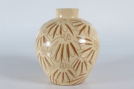 Large Sgraffito Floor Vase with Cream Yellow Glaze attributed to Astrid Tjalk from Herman A. Kähler