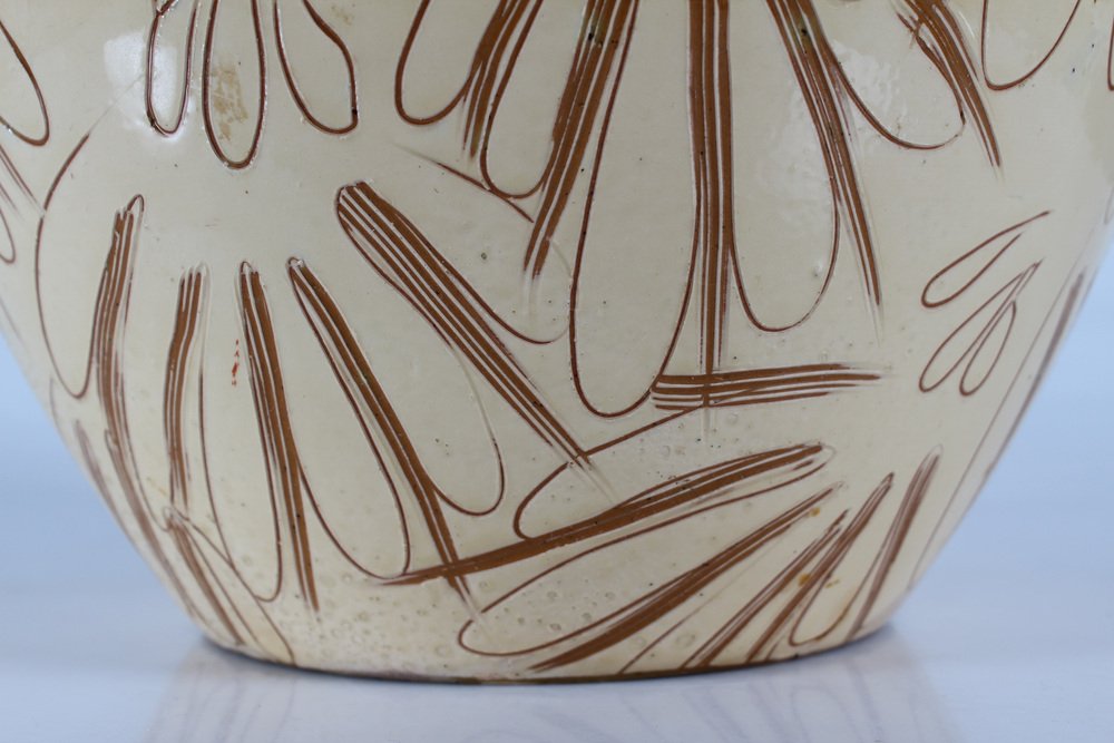 Large Sgraffito Floor Vase with Cream Yellow Glaze attributed to Astrid Tjalk from Herman A. Kähler