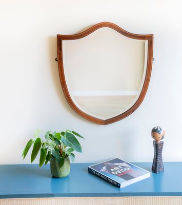 Large Shield Mirror in Mahogany Wooden Frame, Beveled Glass, Dark Brown Mantle Mirror, 1920s-BJS-2026988