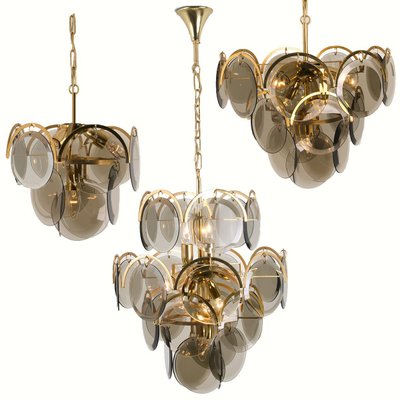 Large Smoked Glass and Brass Chandelier in the Style of Vistosi, Italy-VDW-950155