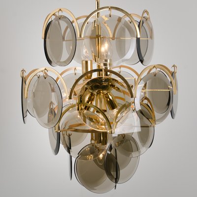 Large Smoked Glass and Brass Chandelier in the Style of Vistosi, Italy-VDW-950155