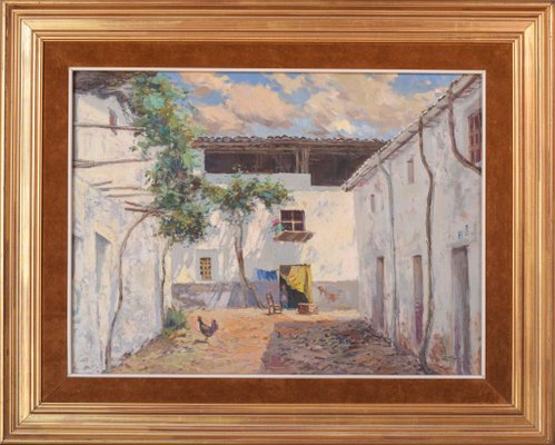 Large Spanish Courtyard Scene with Cockerel, Oil on Canvas, Framed-AOI-1115640