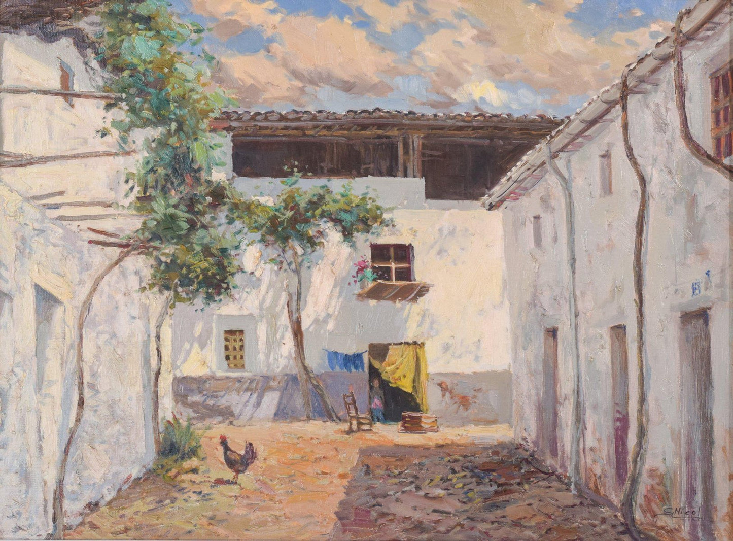 Large Spanish Courtyard Scene with Cockerel, Oil on Canvas, Framed