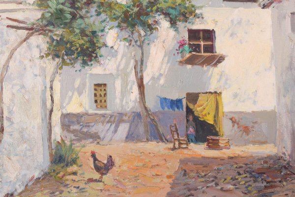 Large Spanish Courtyard Scene with Cockerel, Oil on Canvas, Framed-AOI-1115640