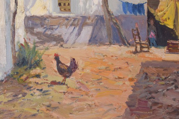 Large Spanish Courtyard Scene with Cockerel, Oil on Canvas, Framed-AOI-1115640