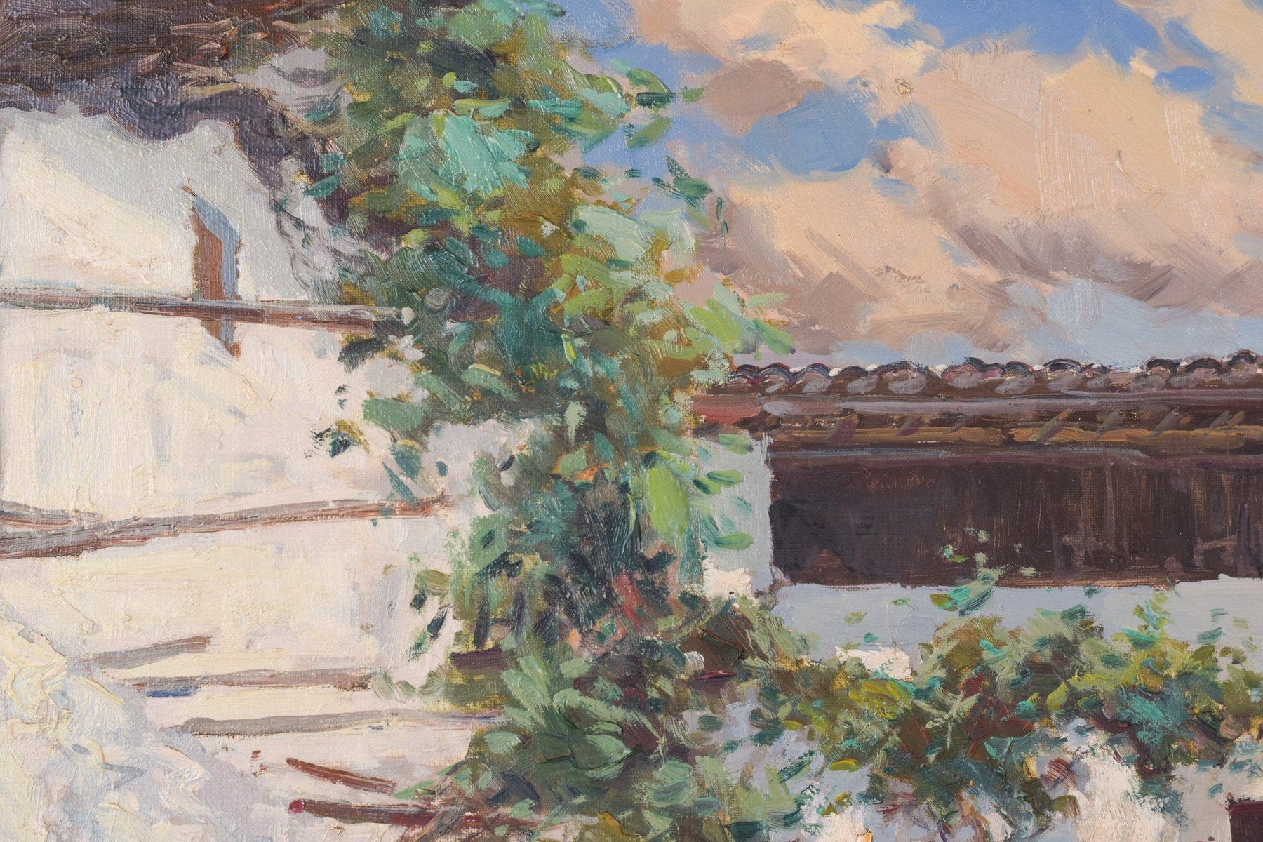 Large Spanish Courtyard Scene with Cockerel, Oil on Canvas, Framed-AOI-1115640