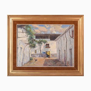 Large Spanish Courtyard Scene with Cockerel, Oil on Canvas, Framed-AOI-1115640