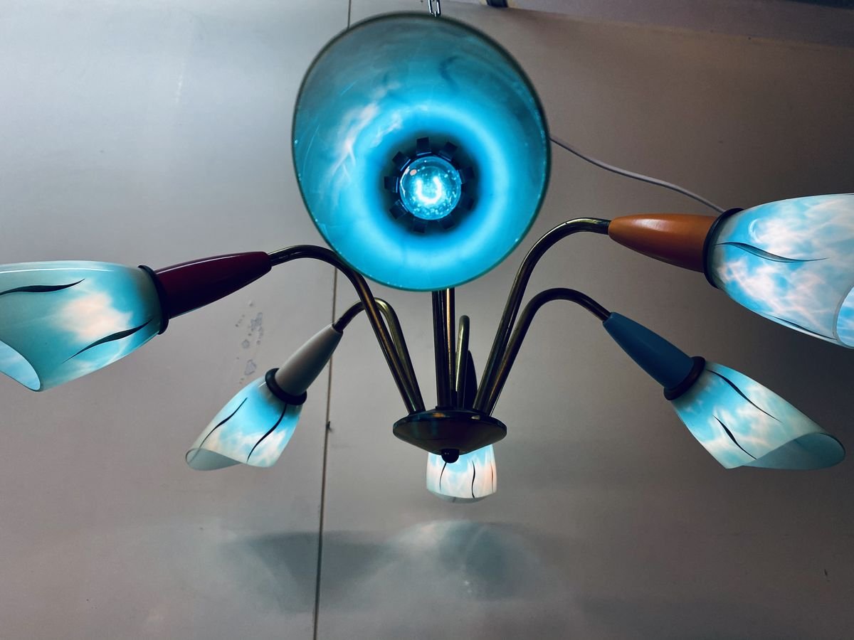 Large Spider Sputnik 6-Arm Ceiling Lamp in Glass & Brass, 1950s