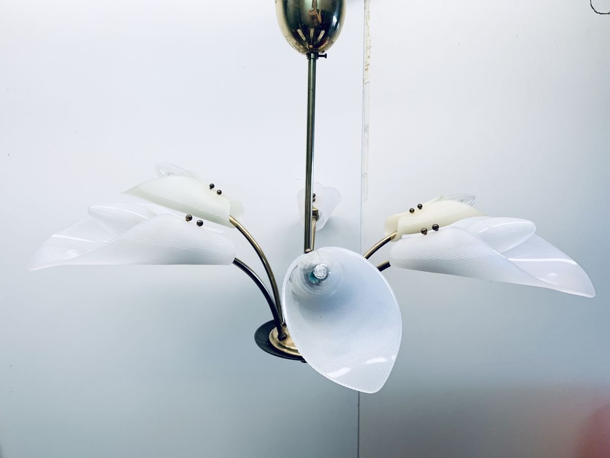 Large Sputnik Spider Floral 6-Arm Ceiling Lamp in Plastic & Brass, 1950s