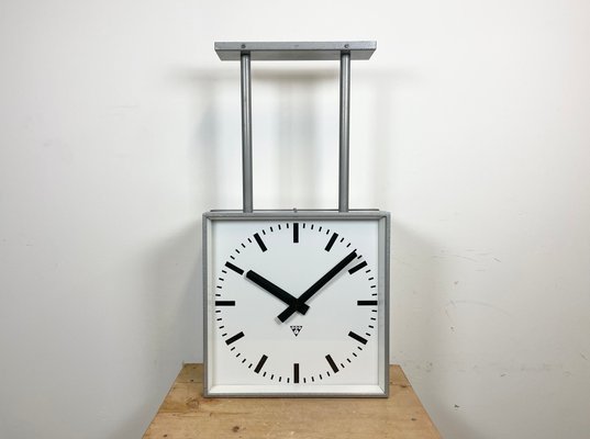 Large Square Industrial Double-Sided Factory Clock from Pragotron, 1960s-CGF-1393515