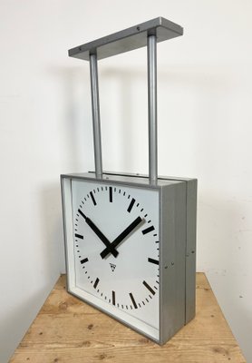 Large Square Industrial Double-Sided Factory Clock from Pragotron, 1960s-CGF-1393515