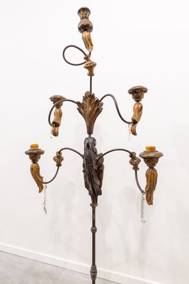 Large Standing Candleholder with 5 Lights in Forged Iron and Wood Carving, 1950s-UJE-630694