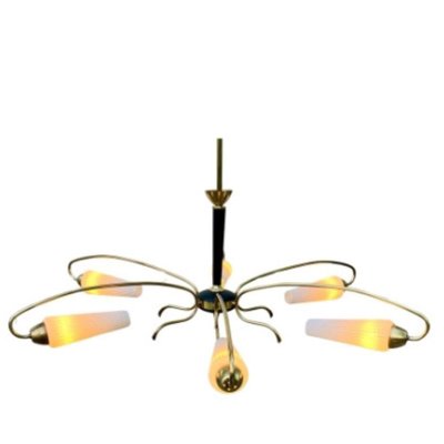 Large Stilnovo Vintage Chandelier 6 Arms Whit Wooden Details Italy, 1960s-MJY-2032992