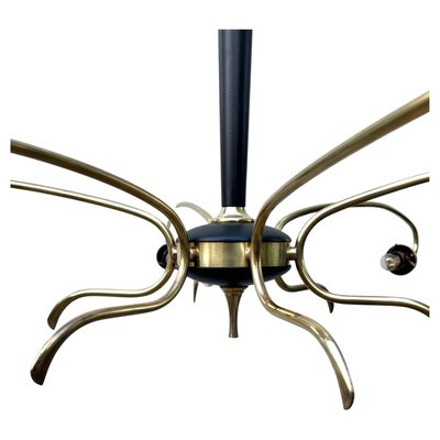 Large Stilnovo Vintage Chandelier 6 Arms Whit Wooden Details Italy, 1960s-MJY-2032992