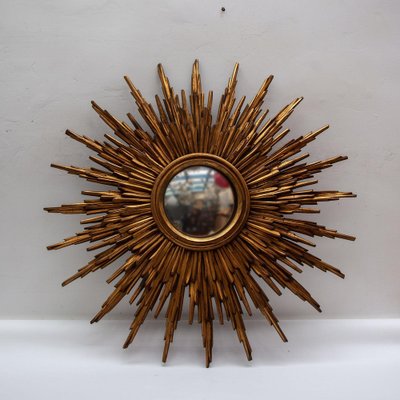 Large Sunburst Wall Mirror in Gold-Plated Wood, 1930s-KL-1565431