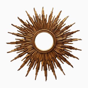 Large Sunburst Wall Mirror in Gold-Plated Wood, 1930s-KL-1565431