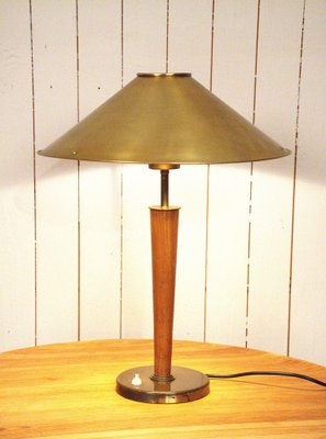 Large Swedish Brass and Oak Table Lamp by Boréns, 1940s-UDU-1807267