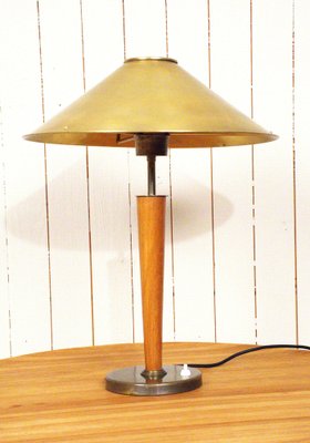 Large Swedish Brass and Oak Table Lamp by Boréns, 1940s-UDU-1807267