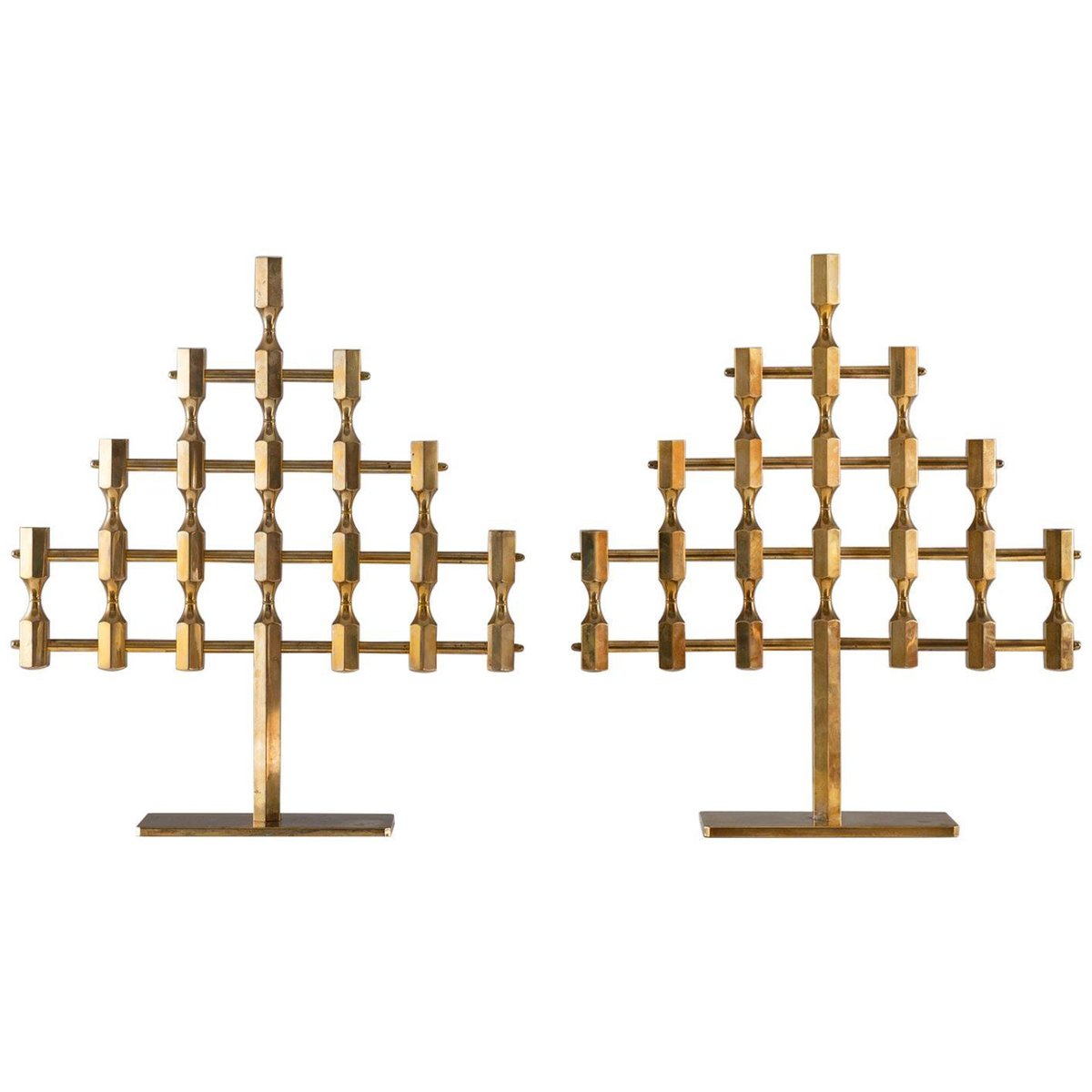 Large Swedish Brass Candleholders by Lars Bergsten for Gusums Bruk, 1970s, Set of 2