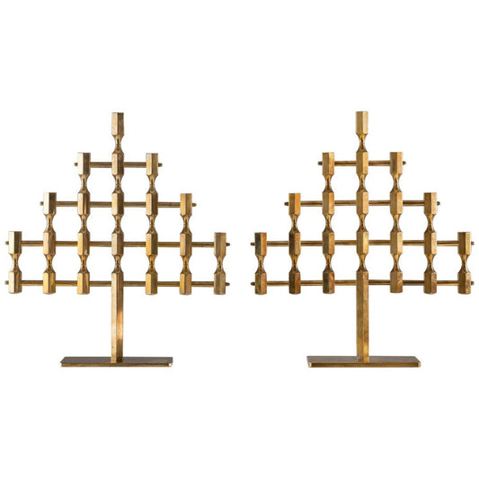 Large Swedish Brass Candleholders by Lars Bergsten for Gusums Bruk, 1970s, Set of 2