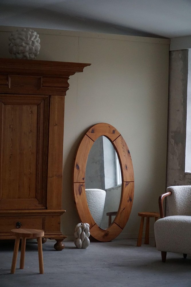 Large Swedish Oval Wall Mirror in Pine from Glasmäster Markaryd, 1960s