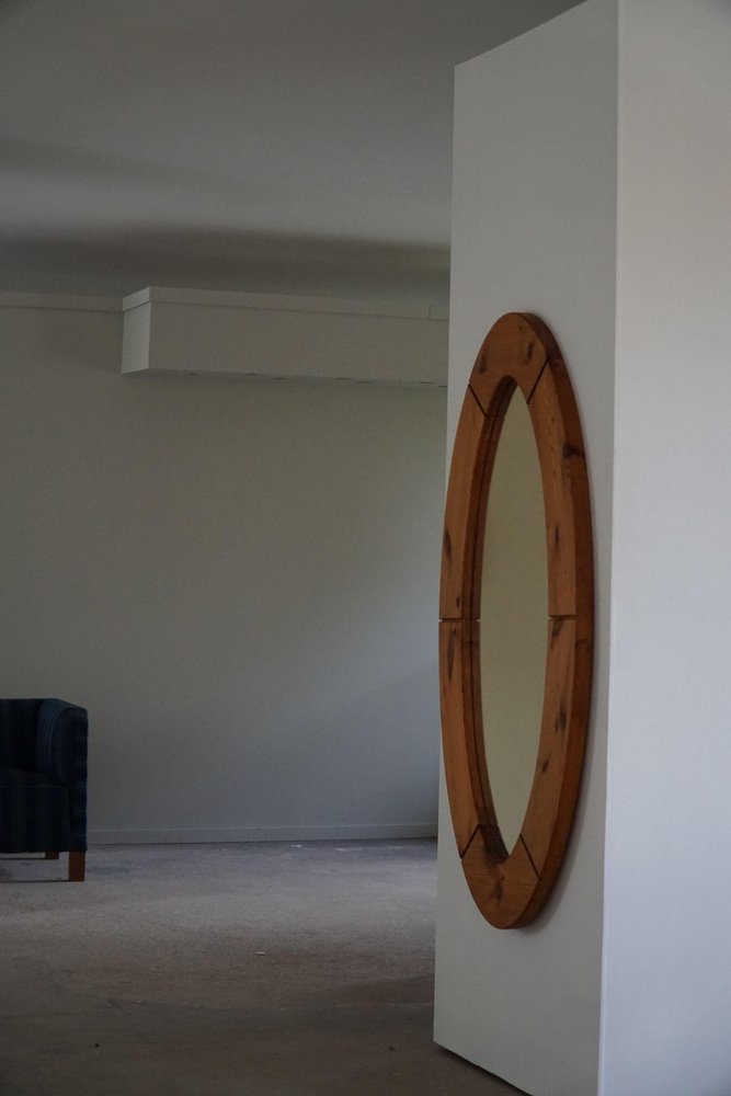 Large Swedish Oval Wall Mirror in Pine from Glasmäster Markaryd, 1960s