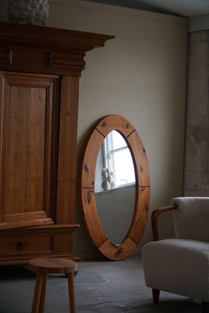 Large Swedish Oval Wall Mirror in Pine from Glasmäster Markaryd, 1960s