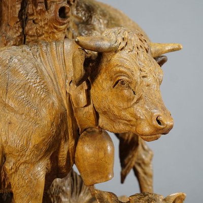 Large Swiss Group of Carved Cattles with Glass Vase Inset, 1890s-KJP-1149338