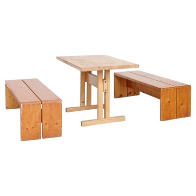 Large Table & Benches for Les Arcs attributed to Charlotte Perriand, 1960s, Set of 3-WM-1394519